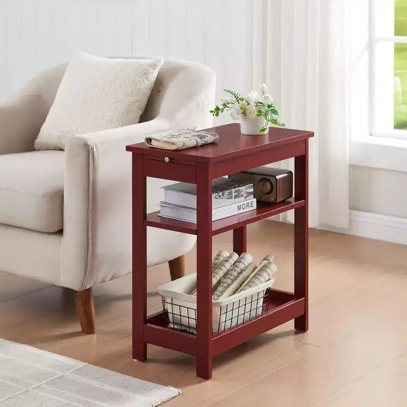 Slim Wood Side End Table with Storage Shelves & Pull-Out Tray, Nightstand for Bedroom, Living Room
