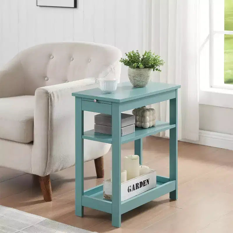 Slim Wood Side End Table with Storage Shelves & Pull-Out Tray, Nightstand for Bedroom, Living Room