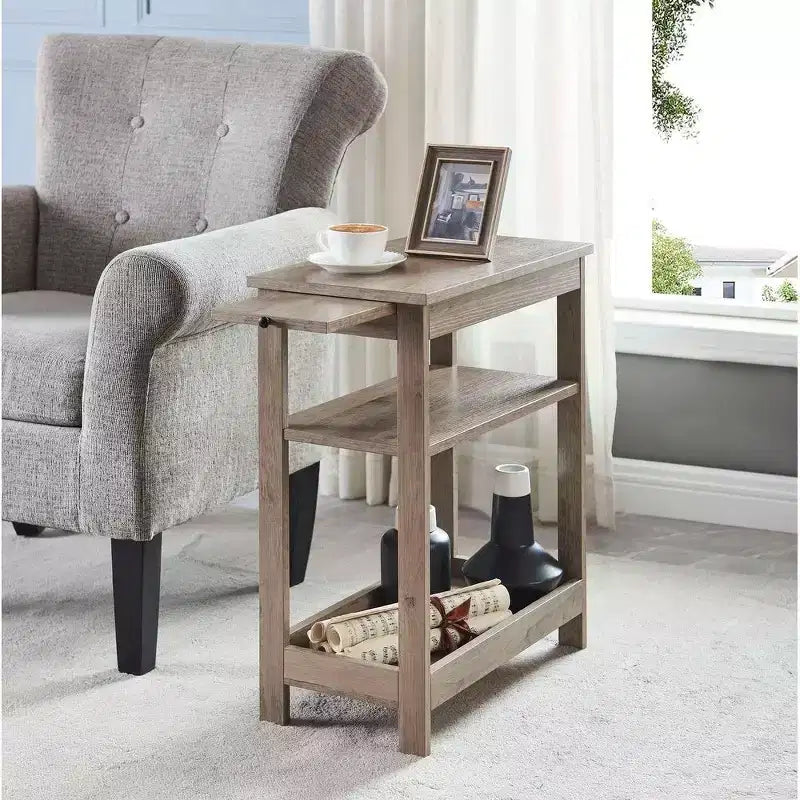 Slim Wood Side End Table with Storage Shelves & Pull-Out Tray, Nightstand for Bedroom, Living Room