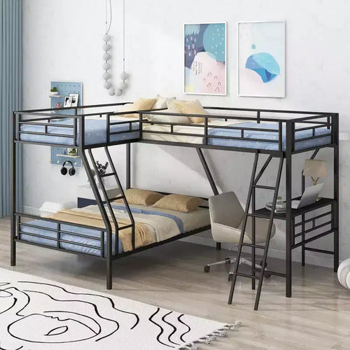 Whisen 117.3L x 78W Morden Design L-Shaped Twin over Full Bunk Bed with Twin Size Loft Bed and Built-in Desk