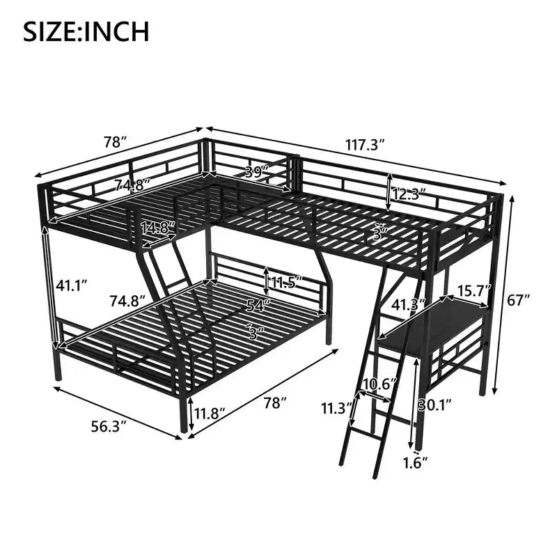 117.3L x 78W Morden Design L-Shaped Twin over Full Bunk Bed with Twin Size Loft Bed and Built-in Desk
