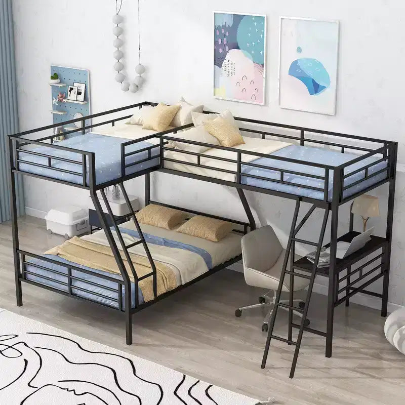 117.3L x 78W Morden Design L-Shaped Twin over Full Bunk Bed with Twin Size Loft Bed and Built-in Desk