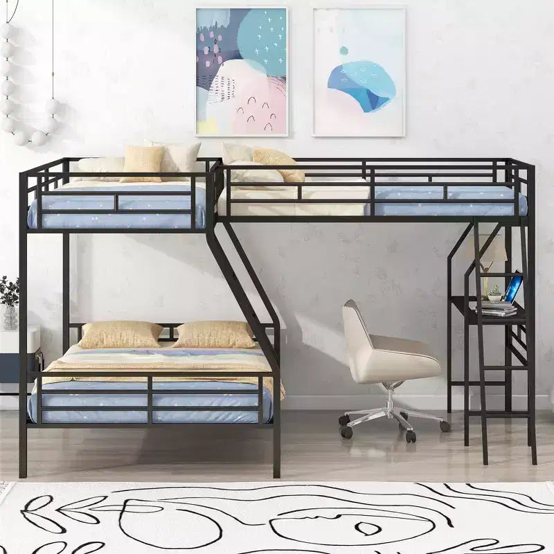 117.3L x 78W Morden Design L-Shaped Twin over Full Bunk Bed with Twin Size Loft Bed and Built-in Desk