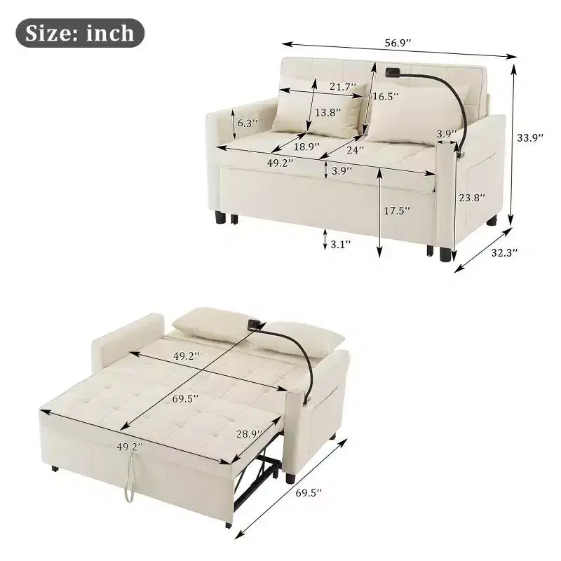 56 Loveseat Sofa & Sleeper Sofa Bed, Reversible Backrest Cushion, Side Pockets, USB Ports and Phone Holder