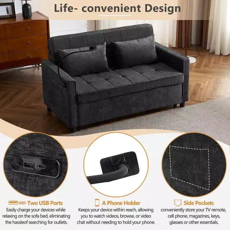 56 Loveseat Sofa & Sleeper Sofa Bed, Reversible Backrest Cushion, Side Pockets, USB Ports and Phone Holder