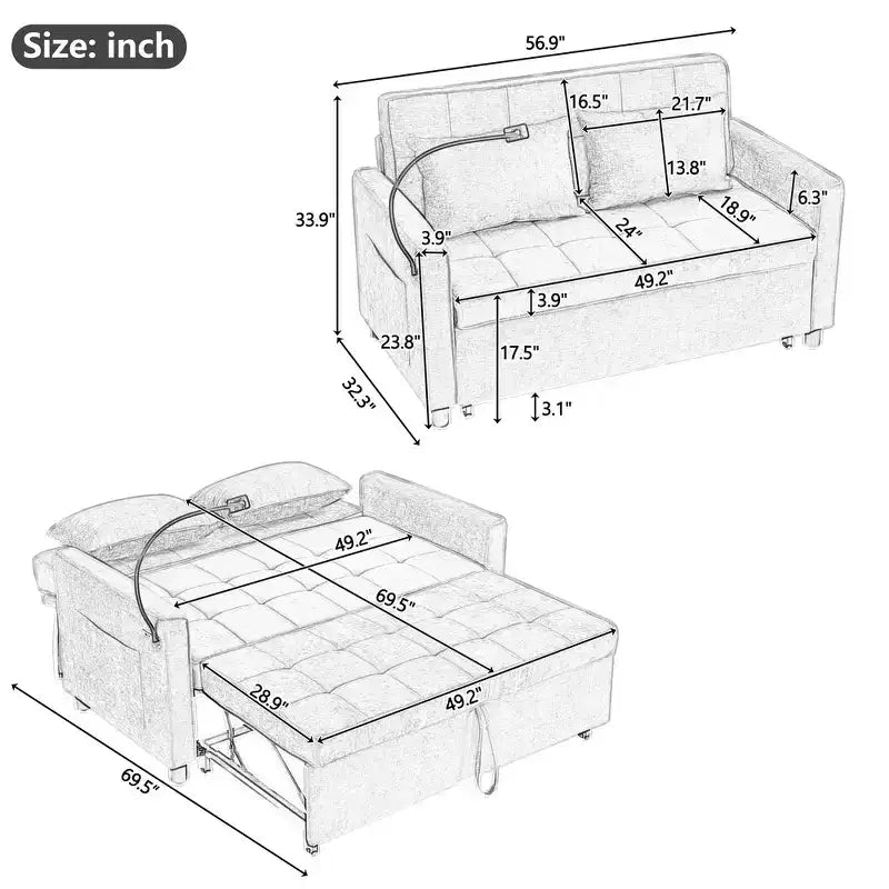 56 Loveseat Sofa & Sleeper Sofa Bed, Reversible Backrest Cushion, Side Pockets, USB Ports and Phone Holder