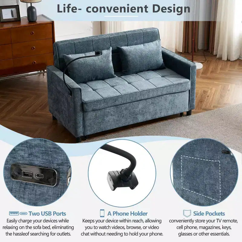 56 Loveseat Sofa & Sleeper Sofa Bed, Reversible Backrest Cushion, Side Pockets, USB Ports and Phone Holder