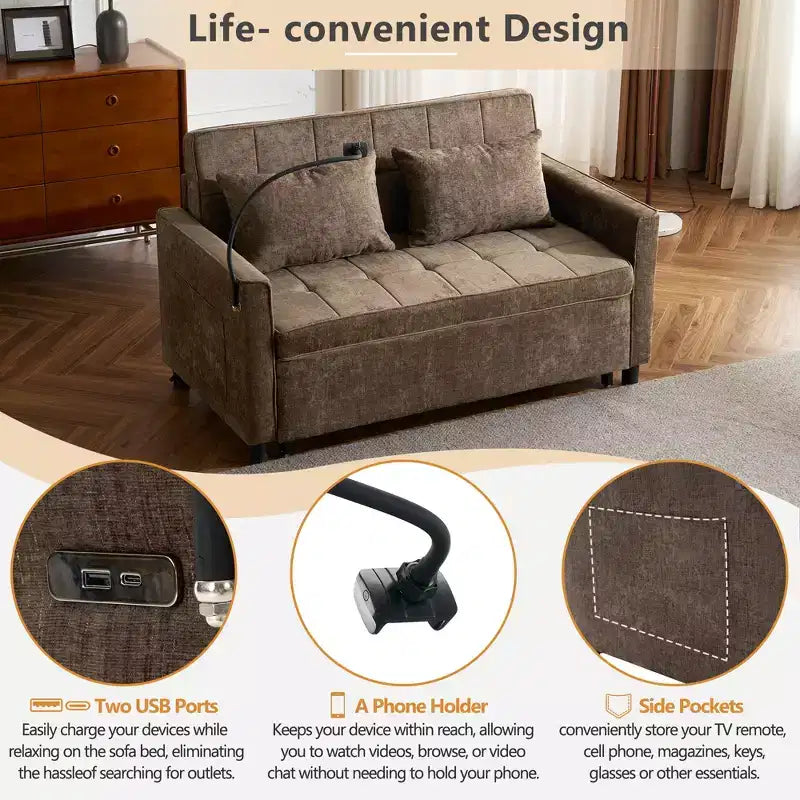 56 Loveseat Sofa & Sleeper Sofa Bed, Reversible Backrest Cushion, Side Pockets, USB Ports and Phone Holder