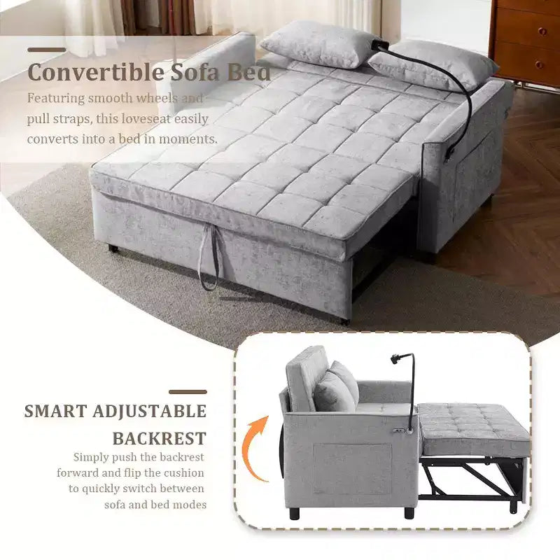 56 Loveseat Sofa & Sleeper Sofa Bed, Reversible Backrest Cushion, Side Pockets, USB Ports and Phone Holder