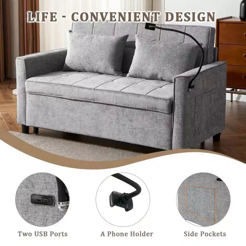 56 Loveseat Sofa & Sleeper Sofa Bed, Reversible Backrest Cushion, Side Pockets, USB Ports and Phone Holder