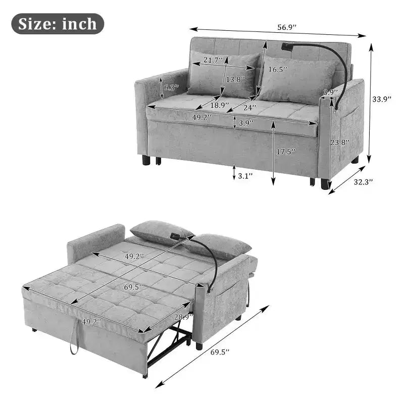 56 Loveseat Sofa & Sleeper Sofa Bed, Reversible Backrest Cushion, Side Pockets, USB Ports and Phone Holder