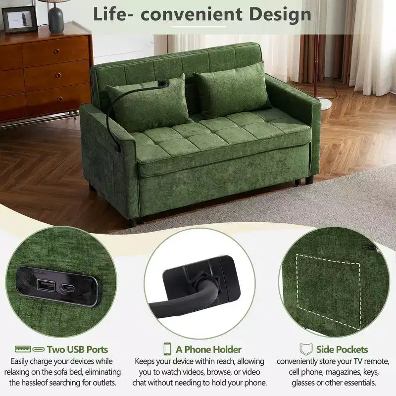 56 Loveseat Sofa & Sleeper Sofa Bed, Reversible Backrest Cushion, Side Pockets, USB Ports and Phone Holder