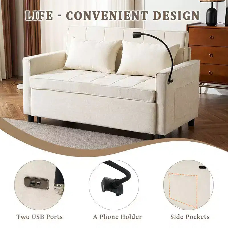 56 Loveseat Sofa & Sleeper Sofa Bed, Reversible Backrest Cushion, Side Pockets, USB Ports and Phone Holder