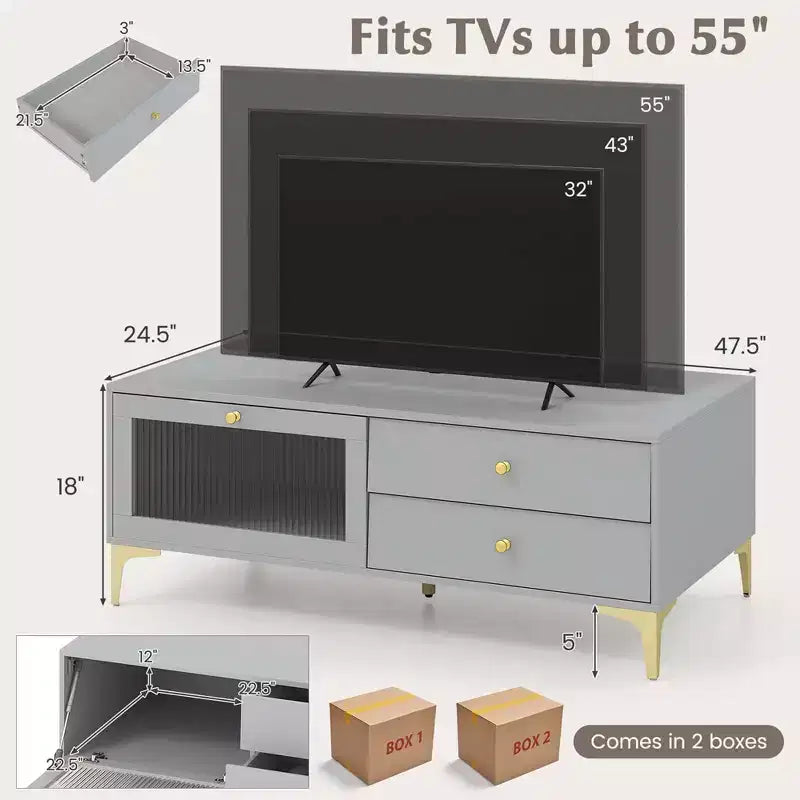 Modern TV Stand for 55 TVs with Drop Down Door Cabinet 2 Storage Drawers Gray