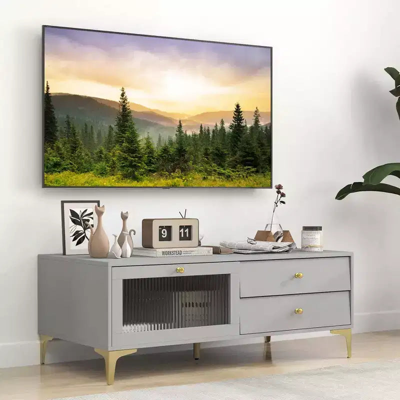 Modern TV Stand for 55 TVs with Drop Down Door Cabinet 2 Storage Drawers Gray