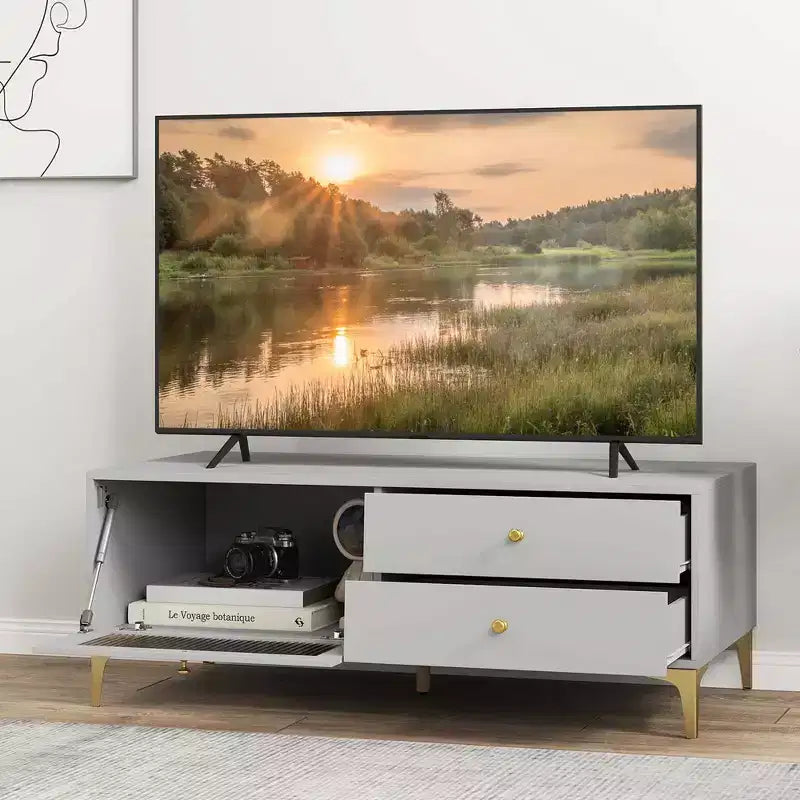 Modern TV Stand for 55 TVs with Drop Down Door Cabinet 2 Storage Drawers Gray