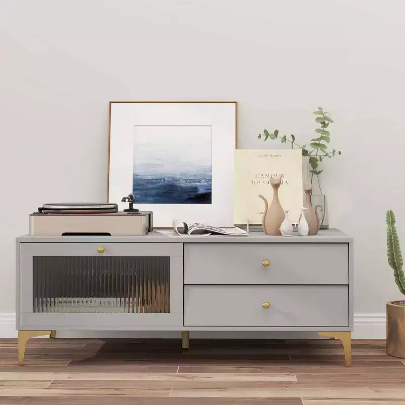 Modern TV Stand for 55 TVs with Drop Down Door Cabinet 2 Storage Drawers Gray
