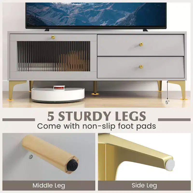 Modern TV Stand for 55 TVs with Drop Down Door Cabinet 2 Storage Drawers Gray