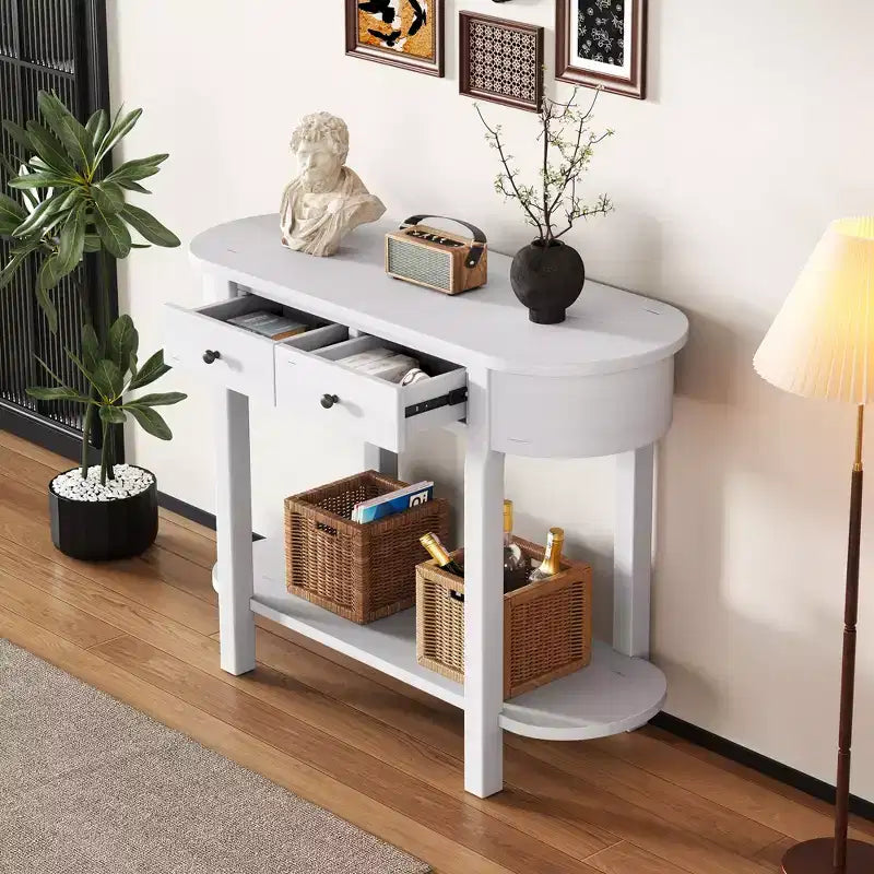 Elegant Retro Console Table with Curved Design and Smooth Glaze for Entryways, Living Rooms and Hallways