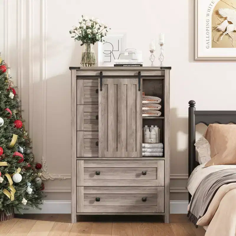 Dresser for Bedroom with 5 Drawers, 48 White Tall Chest of Drawers, Wooden Closet Dresser for Living Room, Hallway, Entryway