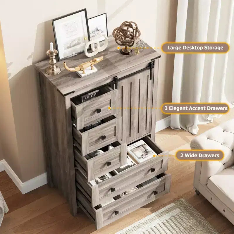 Dresser for Bedroom with 5 Drawers, 48 White Tall Chest of Drawers, Wooden Closet Dresser for Living Room, Hallway, Entryway