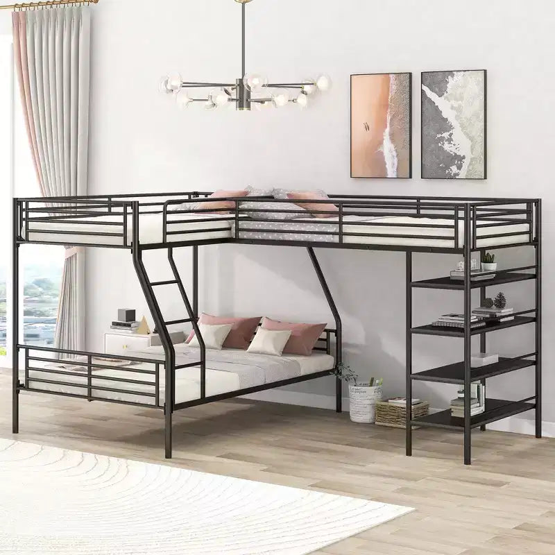 117.2''L*77.5''W L-Shaped Metal Twin over Full Bunk Bed and Twin Size Loft Bed with Four Built-in Shelves - Black