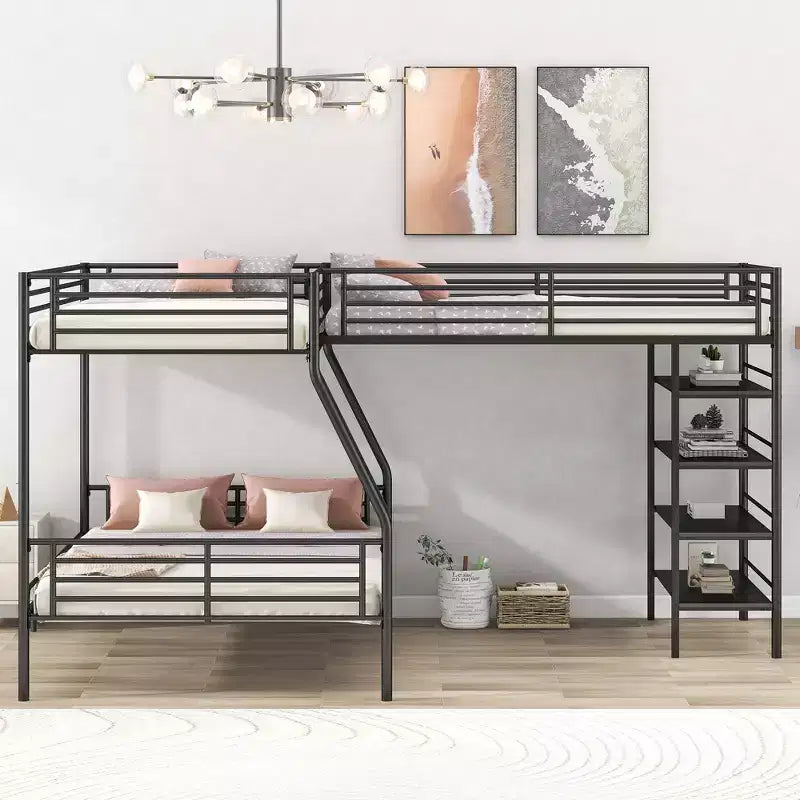 117.2''L*77.5''W L-Shaped Metal Twin over Full Bunk Bed and Twin Size Loft Bed with Four Built-in Shelves - Black