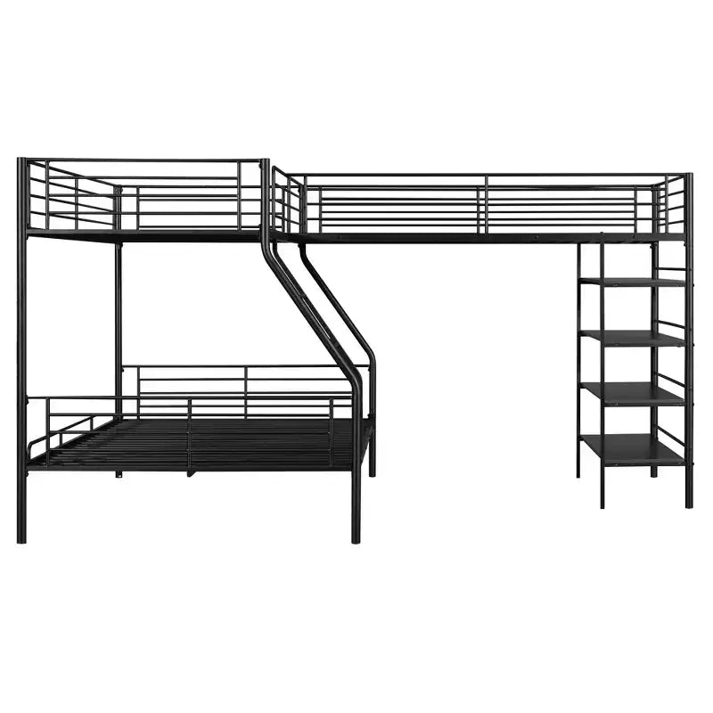 117.2''L*77.5''W L-Shaped Metal Twin over Full Bunk Bed and Twin Size Loft Bed with Four Built-in Shelves - Black