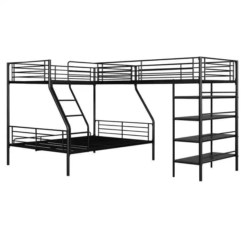 117.2''L*77.5''W L-Shaped Metal Twin over Full Bunk Bed and Twin Size Loft Bed with Four Built-in Shelves - Black