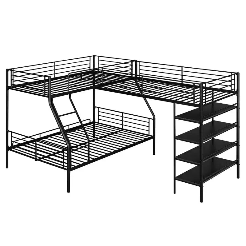 117.2''L*77.5''W L-Shaped Metal Twin over Full Bunk Bed and Twin Size Loft Bed with Four Built-in Shelves - Black