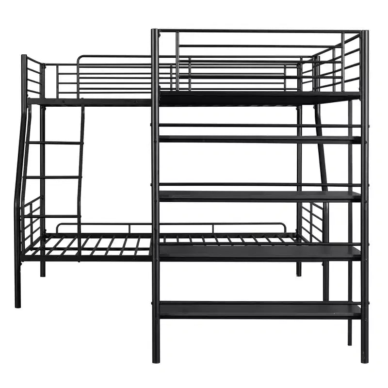 117.2''L*77.5''W L-Shaped Metal Twin over Full Bunk Bed and Twin Size Loft Bed with Four Built-in Shelves - Black
