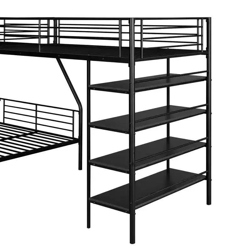 117.2''L*77.5''W L-Shaped Metal Twin over Full Bunk Bed and Twin Size Loft Bed with Four Built-in Shelves - Black