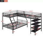 Letto a castello a L in metallo, singolo sopra matrimoniale, e letto soppalcato singolo da 117.2'L*77.5'W con quattro mensole integrate - nero