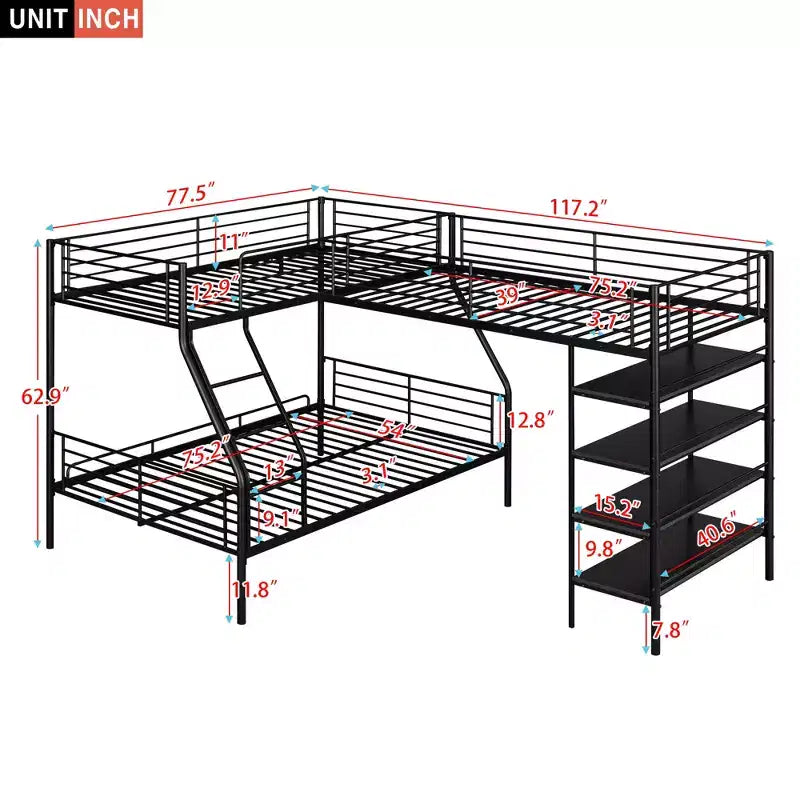 117.2''L*77.5''W L-Shaped Metal Twin over Full Bunk Bed and Twin Size Loft Bed with Four Built-in Shelves - Black