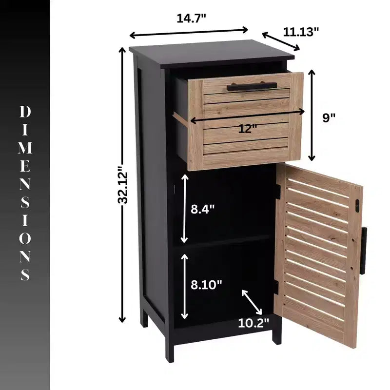 Compact Bathroom Storage Cabinet with Drawer and Vented Door, Black and Brown