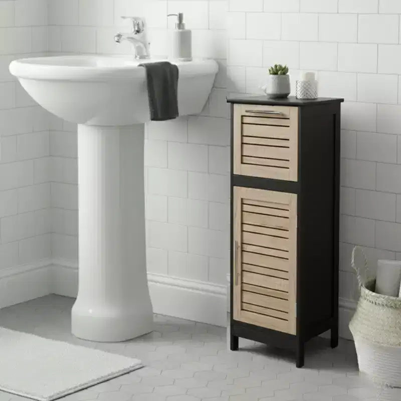 Compact Bathroom Storage Cabinet with Drawer and Vented Door, Black and Brown