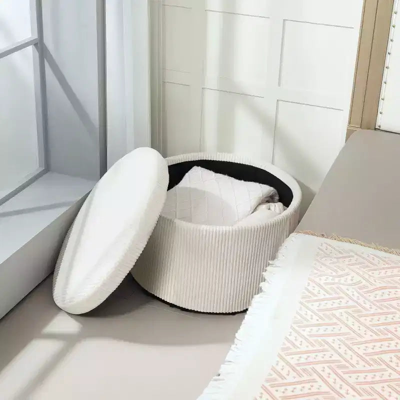 Storage Ottoman with Lid, 24 Inches Round Pouf Ottoman with Storage, Upholstered Corduroy Foot Rest Stool for Living Room, Bedroom