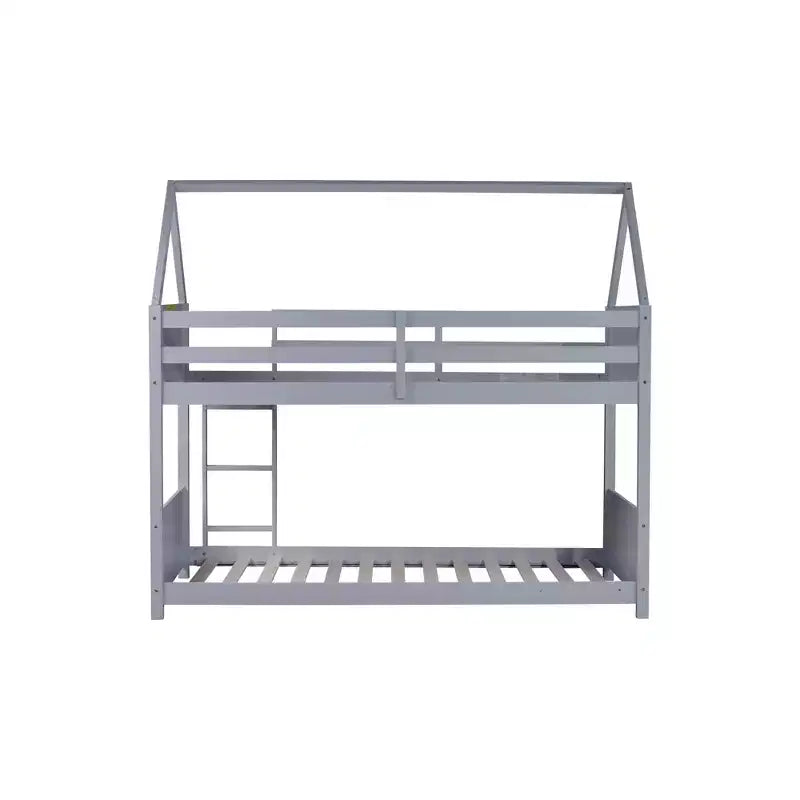 Twin Over Twin House Floor Bunk Bed with Headboards, Footboards, Guardrails and Ladder