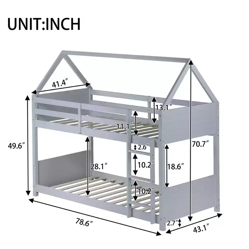 Twin Over Twin House Floor Bunk Bed with Headboards, Footboards, Guardrails and Ladder