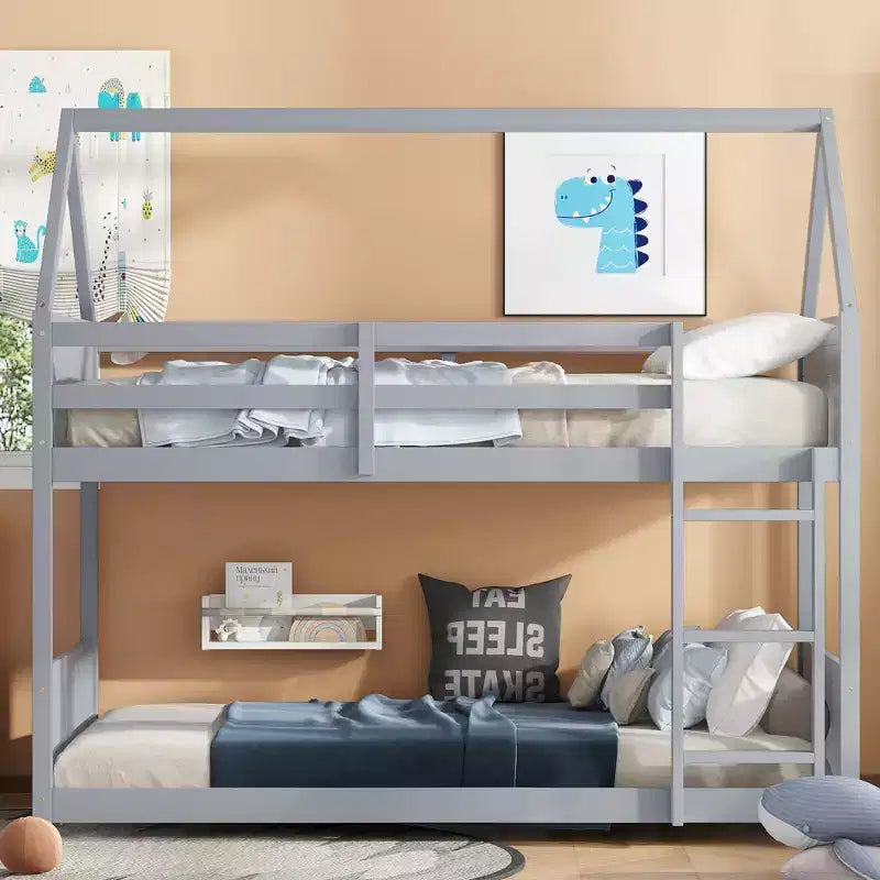 Twin Over Twin House Floor Bunk Bed with Headboards, Footboards, Guardrails and Ladder