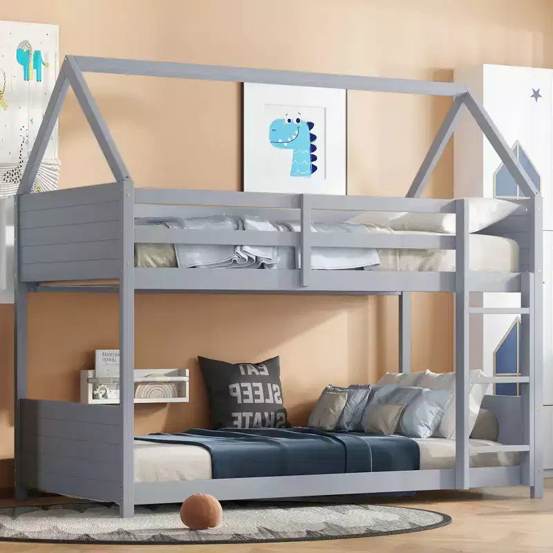 Twin Over Twin House Floor Bunk Bed with Headboards, Footboards, Guardrails and Ladder