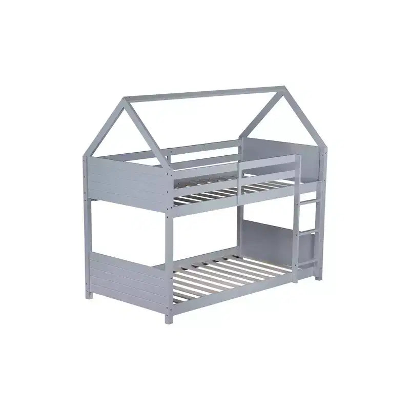 Twin Over Twin House Floor Bunk Bed with Headboards, Footboards, Guardrails and Ladder
