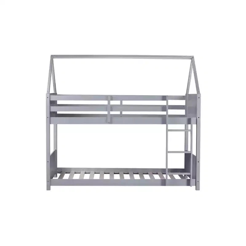 Twin Over Twin House Floor Bunk Bed with Headboards, Footboards, Guardrails and Ladder