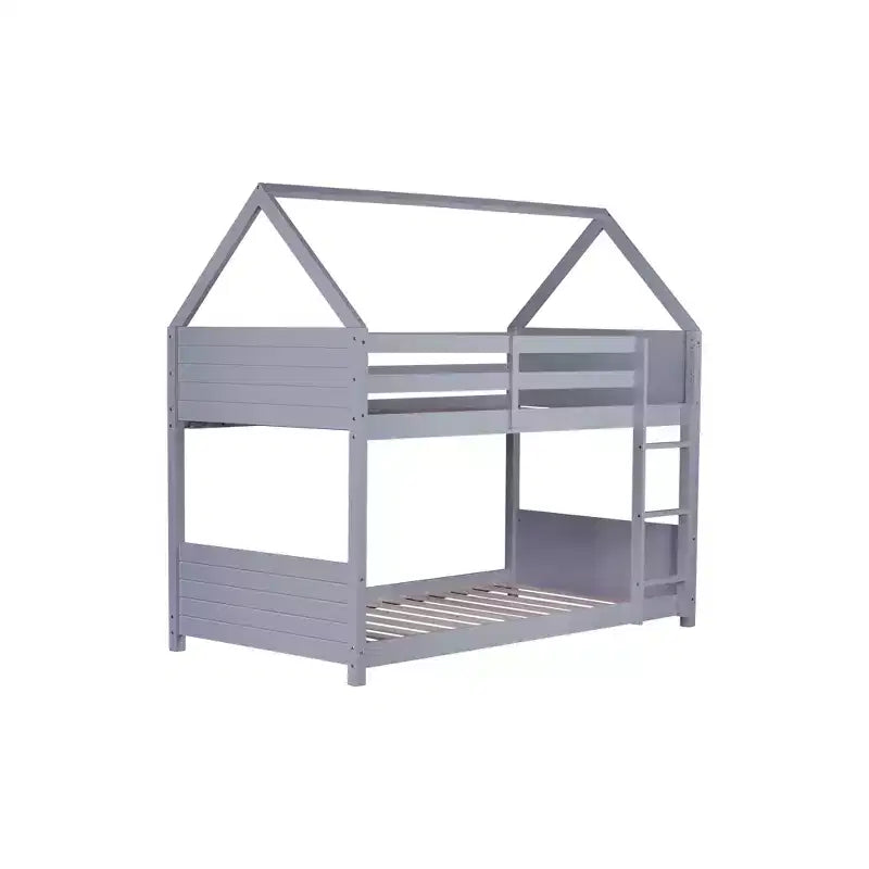 Twin Over Twin House Floor Bunk Bed with Headboards, Footboards, Guardrails and Ladder