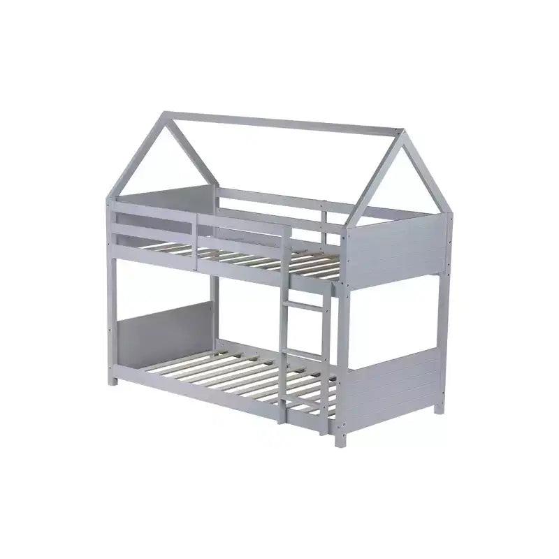 Twin Over Twin House Floor Bunk Bed with Headboards, Footboards, Guardrails and Ladder