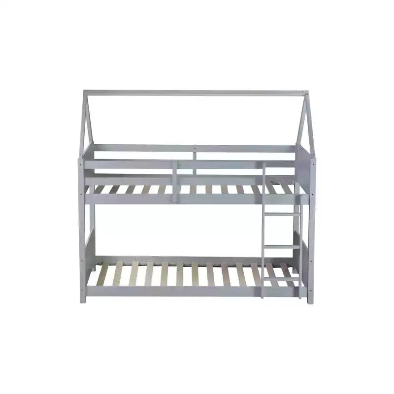 Twin Over Twin House Floor Bunk Bed with Headboards, Footboards, Guardrails and Ladder