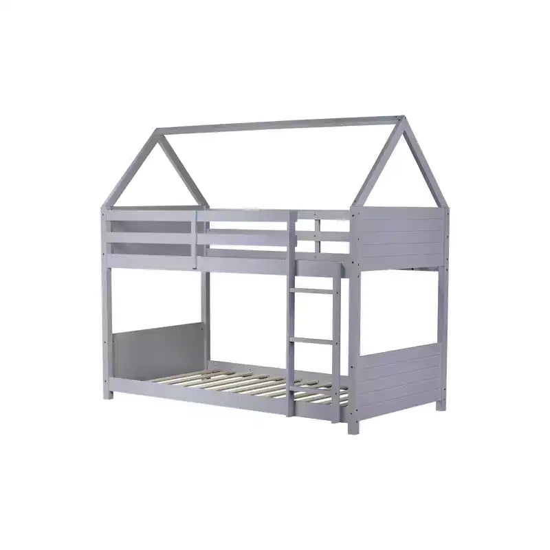 Twin Over Twin House Floor Bunk Bed with Headboards, Footboards, Guardrails and Ladder