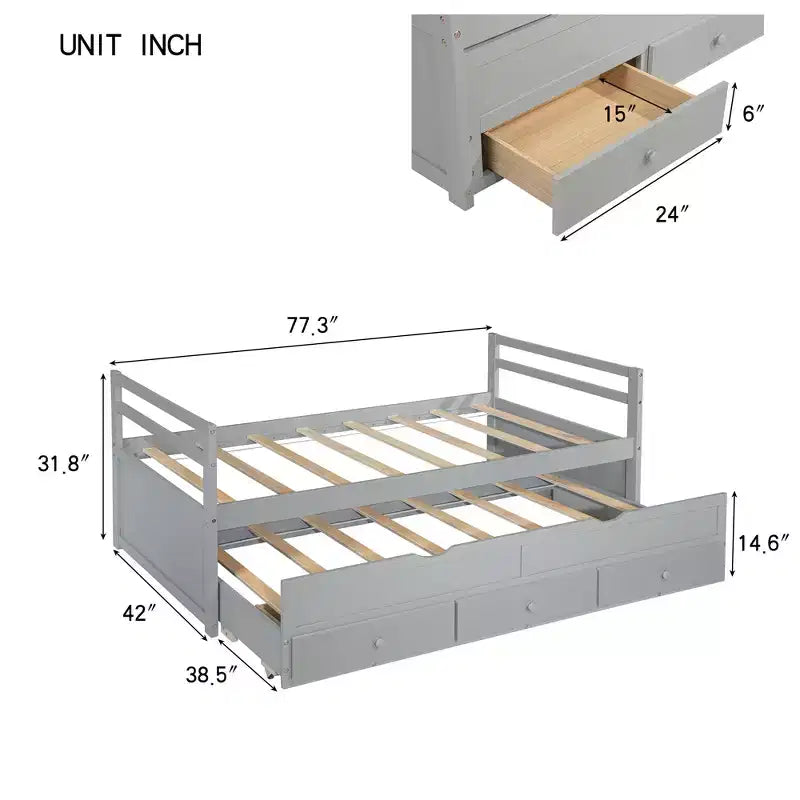 Twin Size Pine Wood Bed with Headboard, Footboard, Trundle and Three Storage Drawers