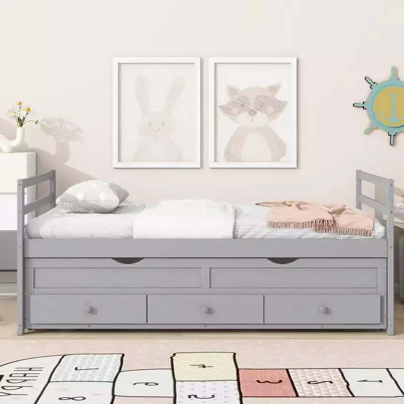 Twin Size Pine Wood Bed with Headboard, Footboard, Trundle and Three Storage Drawers