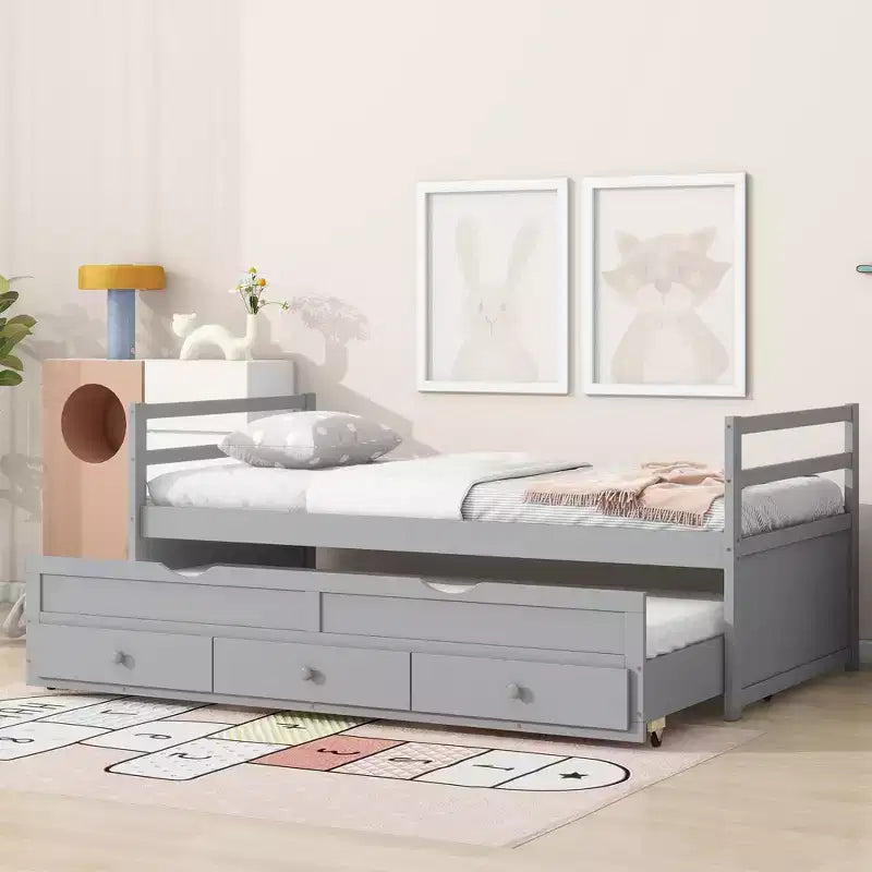 Twin Size Pine Wood Bed with Headboard, Footboard, Trundle and Three Storage Drawers